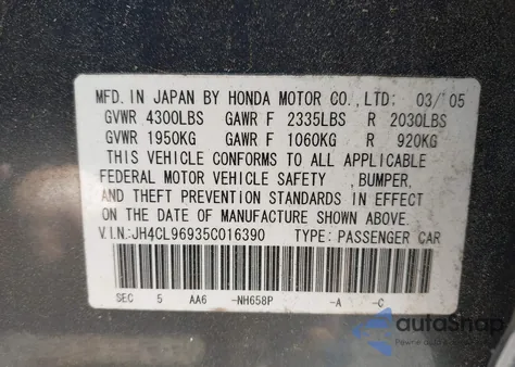 2005 Acura Tsx из США, поврежденный, VIN JH4CL96935C016390